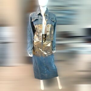 Denim Maxi Skirt with Gold Accent - Women's Maxi Skirt